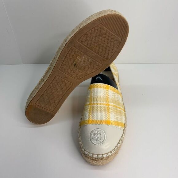 TORY BURCH Colorblock Platform Espadrille In Yellow Check‎ Plaid/ Ivory Sz 10 - Picture 8 of 10